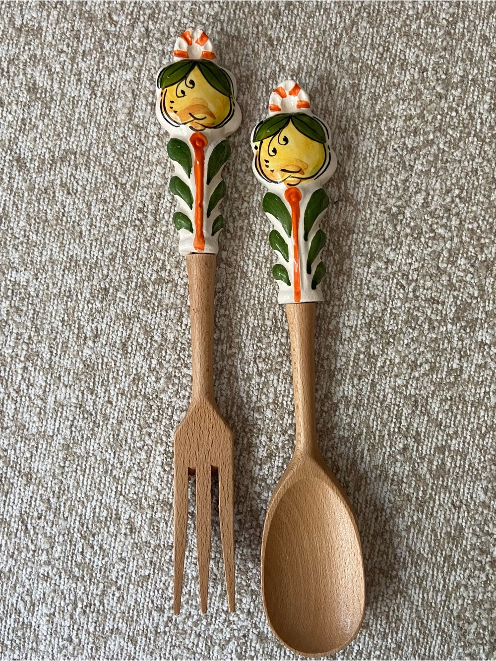 Siena 10” Hand-Painted Ceramic Olive Wood Salad Fork & Spoon Made in Italy